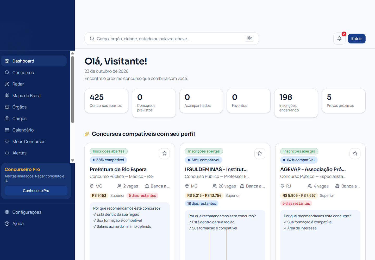 Captura real do painel público de O Concurseiro, com indicadores e concursos recomendados ao visitante.